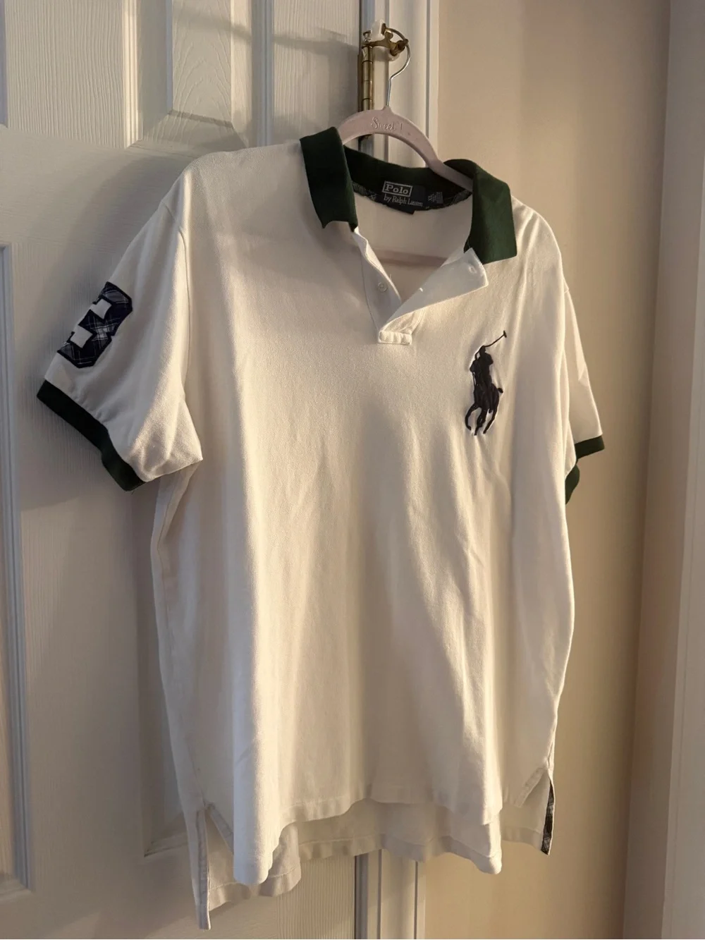 Polo by Ralph Lauren White Polo with Dark Green Trim and Navy Emblem
